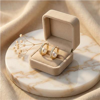 İnci Taşlı Halka Küpe - 14K Altın Kaplama - 21 mm