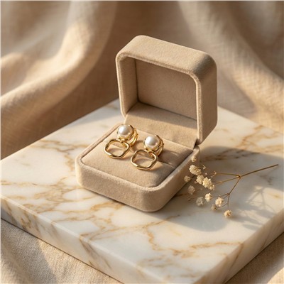 İncili Kare Halka Küpe 14K Altın Kaplama - 2 cm