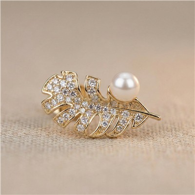 İncili Yaprak Form Zirkon Taşlı Küpe 14K Altın Kaplama - 18 mm