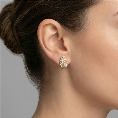 İncili Yaprak Form Zirkon Taşlı Küpe 14K Altın Kaplama - 18 mm