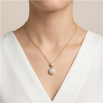 İncili Zirkon Taşlı Zincir Kolye 14K Altın Kaplama - 45+5 cm