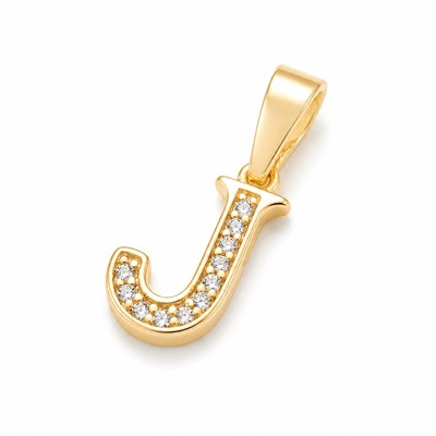 J Harfi Zirkon Taşlı Minimal Kolye Ucu  - 14k Altın Kaplama - 7 x 17 mm