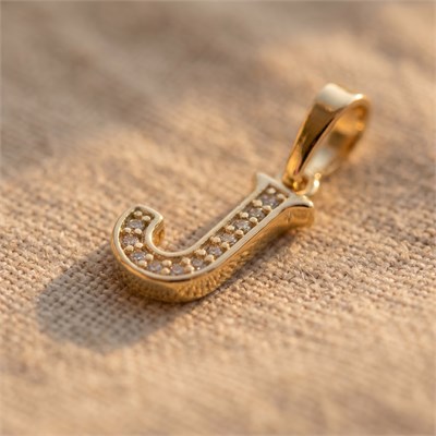 J Harfi Zirkon Taşlı Minimal Kolye Ucu  - 14k Altın Kaplama - 7 x 17 mm