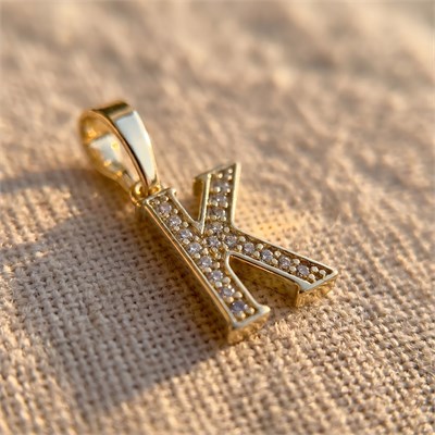 K Harfi Zirkon Taşlı Minimal Kolye Ucu  - 14k Altın Kaplama - 8 x 17 mm