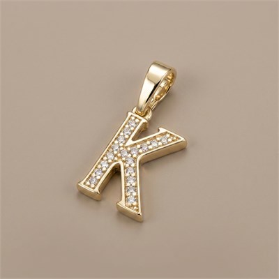 K Harfi Zirkon Taşlı Minimal Kolye Ucu  - 14k Altın Kaplama - 8 x 17 mm