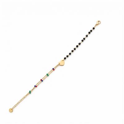 Kalp Detaylı Renkli Boncuk Bileklik - 14K Altın Kaplama - 17+3 cm