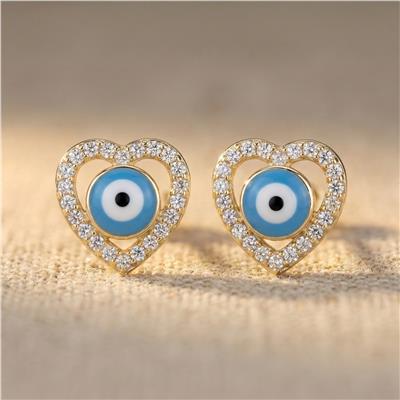 Kalp Nazar Boncuklu Küpe - 14K Altın Kaplama - 15 mm