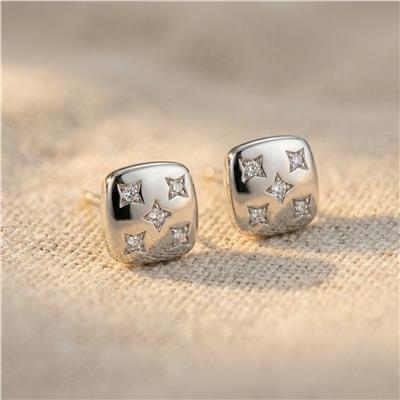 Kare Yonca Desenli Zirkon Taşlı Küpe - Beyaz Altın Kaplama - 8 mm