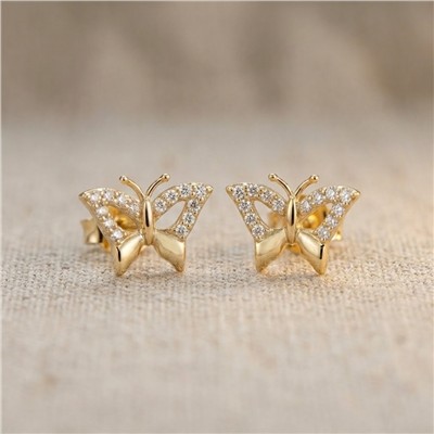 Kelebek Taş Detaylı Çelik Küpe - 14K Altın Kaplama - 9 mm