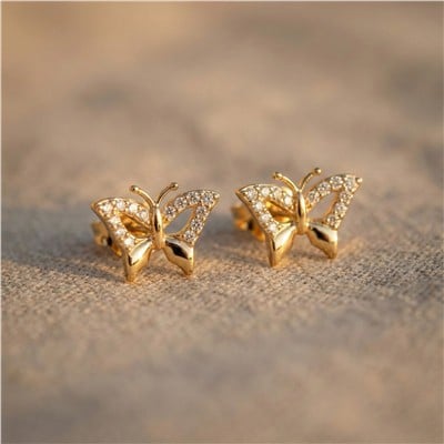 Kelebek Taş Detaylı Çelik Küpe - 14K Altın Kaplama - 9 mm