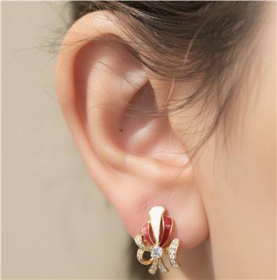 Kırmızı Beyaz Kurdele Desenli Küpe - 14K Altın Kaplama - 18 mm
