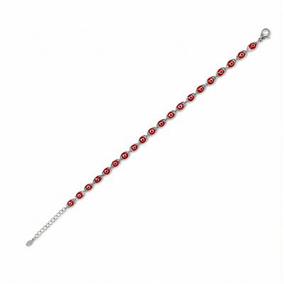Kırmızı Nazar Boncuk Bileklik - Beyaz Altın Kaplama - 18+3 cm
