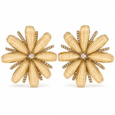 Kristal Kalpli Zirkon Taşlı Papatya Küpe - 925 Ayar Gümüş Çivili - 14k Altın Kaplama - 24 mm