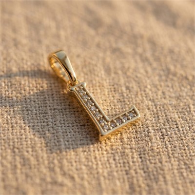 L Harfi Zirkon Taşlı Minimal Kolye Ucu  - 14k Altın Kaplama - 8 x 17 mm
