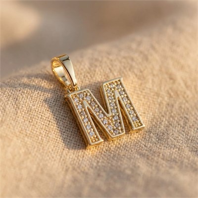 M Harfi Zirkon Taşlı Minimal Kolye Ucu  - 14k Altın Kaplama - 11 x 16 mm
