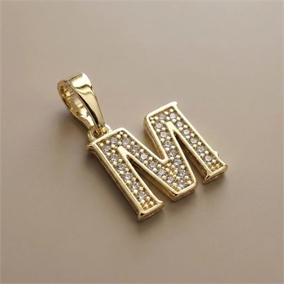 M Harfi Zirkon Taşlı Minimal Kolye Ucu  - 14k Altın Kaplama - 11 x 16 mm