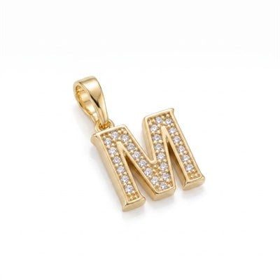 M Harfi Zirkon Taşlı Minimal Kolye Ucu  - 14k Altın Kaplama - 11 x 16 mm