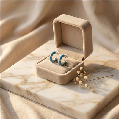 Mavi Detaylı Taşlı Halka Küpe - Beyaz Altın Kaplama - 18 mm