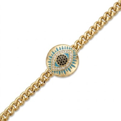 Mavi Göz Figürlü Zirkon Taşlı Gurmet Bileklik  - 14k Altın Kaplama - 17+5 cm