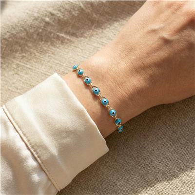 Mavi Nazar Boncuk Detaylı Bileklik - 14K Altın Kaplama - 18+3 cm