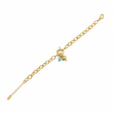 Mavi Taşlı Kalp Detaylı Zincir Çelik Bileklik - 14K Altın Kaplama - 17+3 cm