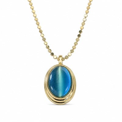 Mavi  Taşlı Oval Çelik Kolye Ucu  - Altın Rengi Kaplama - 14 x 23 mm - (60 cm Çelik Zincir Hediyeli)