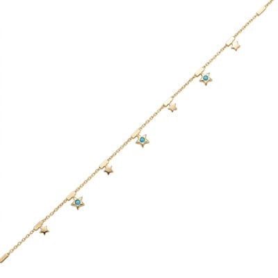 Mavi Taşlı Yıldız Figürlü Çelik Halhal  - Altın Rengi Kaplama - 20+5 cm