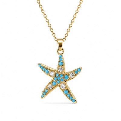 Mavi Zirkon Taşlı Deniz Yıldızı Çelik Kolye Ucu  - Altın Rengi Kaplama - 20 x 25 mm - (40 cm Çelik Zincir Hediyeli)