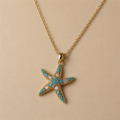 Mavi Zirkon Taşlı Deniz Yıldızı Çelik Kolye Ucu  - Altın Rengi Kaplama - 20 x 25 mm - (40 cm Çelik Zincir Hediyeli)