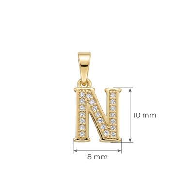 N Harfi Zirkon Taşlı Minimal Kolye Ucu  - 14k Altın Kaplama - 8 x 17 mm