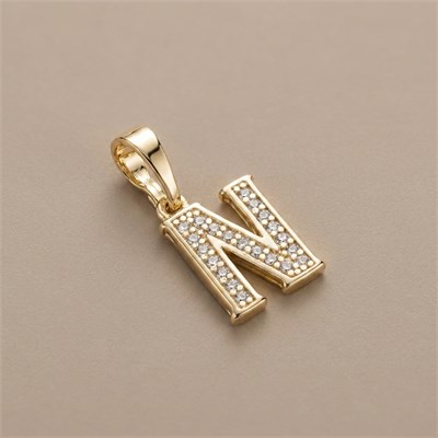 N Harfi Zirkon Taşlı Minimal Kolye Ucu  - 14k Altın Kaplama - 8 x 17 mm