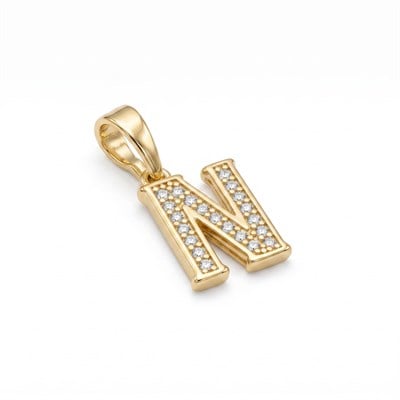 N Harfi Zirkon Taşlı Minimal Kolye Ucu  - 14k Altın Kaplama - 8 x 17 mm