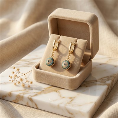 Nazar Boncuğu Detaylı Sallantılı Küpe - 14K Altın Kaplama - 3.2 cm