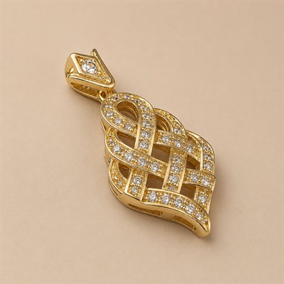 Örgü Desenli Zirkon Taşlı Kolye Ucu - 14k Altın Kaplama - 15 x 33 mm