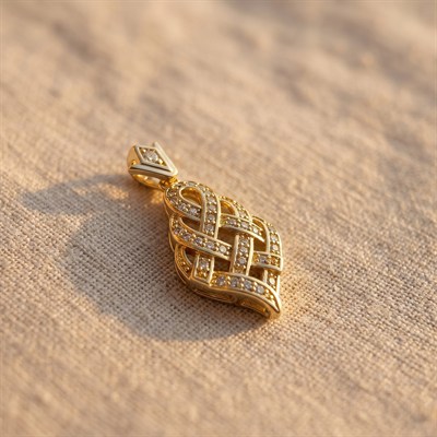 Örgü Desenli Zirkon Taşlı Kolye Ucu - 14k Altın Kaplama - 15 x 33 mm
