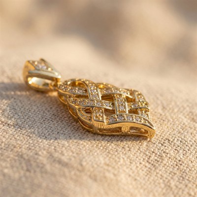 Örgü Desenli Zirkon Taşlı Kolye Ucu - 14k Altın Kaplama - 15 x 33 mm