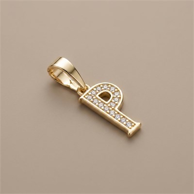 P Harfi Zirkon Taşlı Minimal Kolye Ucu  - 14k Altın Kaplama - 6 x 18 mm