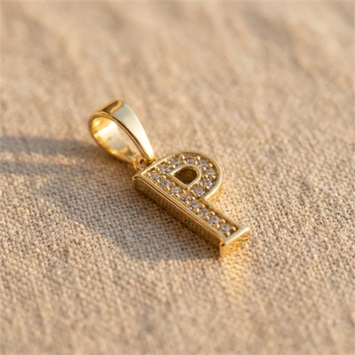 P Harfi Zirkon Taşlı Minimal Kolye Ucu  - 14k Altın Kaplama - 6 x 18 mm