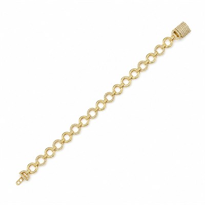 Pave Kilitli Zirkon Taşlı Oval Zincir Bileklik - 14k Altın Kaplama - 19 cm