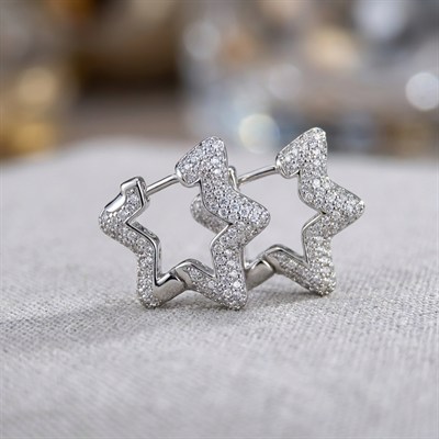 Pave Yıldız Zirkon Taşlı Küpe - Beyaz Altın Kaplama - 20 mm