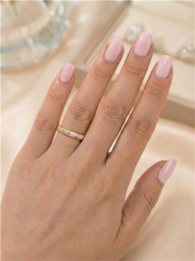 Pembe Mineli Zirkon Taşlı Ayarlanabilir Yüzük - 14K Altın Kaplama