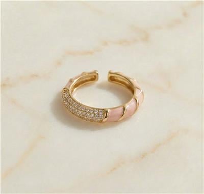 Pembe Mineli Zirkon Taşlı Ayarlanabilir Yüzük - 14K Altın Kaplama