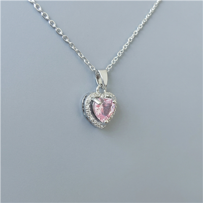 Pembe Zirkon Taşlı Kalp Kolye Ucu - Beyaz Altın Kaplama - 11x12 mm (45 cm Çelik Zincir Hediyeli)