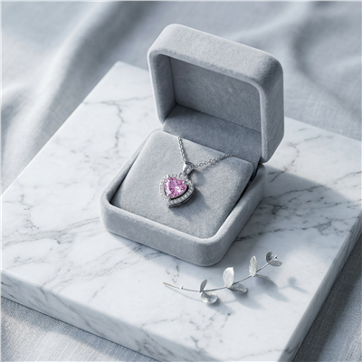 Pembe Zirkon Taşlı Kalp Kolye Ucu - Beyaz Altın Kaplama - 11x12 mm (45 cm Çelik Zincir Hediyeli)