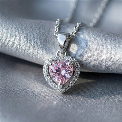 Pembe Zirkon Taşlı Kalp Kolye Ucu - Beyaz Altın Kaplama - 11x12 mm (45 cm Çelik Zincir Hediyeli)
