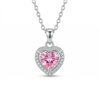 Pembe Zirkon Taşlı Kalp Kolye Ucu - Beyaz Altın Kaplama - 11x12 mm (45 cm Çelik Zincir Hediyeli)
