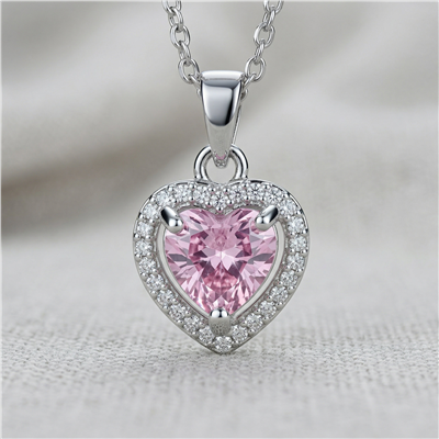 Pembe Zirkon Taşlı Kalp Kolye Ucu - Beyaz Altın Kaplama - 11x12 mm (45 cm Çelik Zincir Hediyeli)