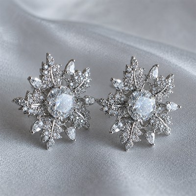 Pırıltılı Kar Tanesi Zirkon Küpe - Beyaz Altın Kaplama - 21 mm