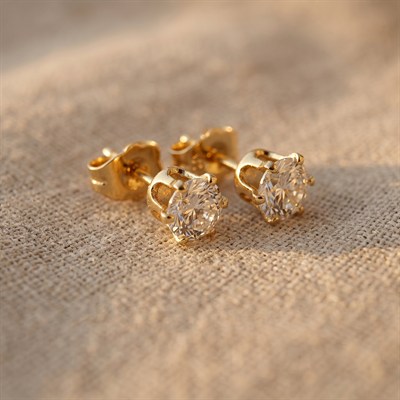 Pırlanta Montürlü Tektaş Zirkon Küpe - 14k Altın Kaplama - 7 mm