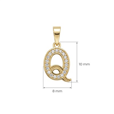 Q Harfi Zirkon Taşlı Minimal Kolye Ucu  - 14k Altın Kaplama - 8 x 17 mm